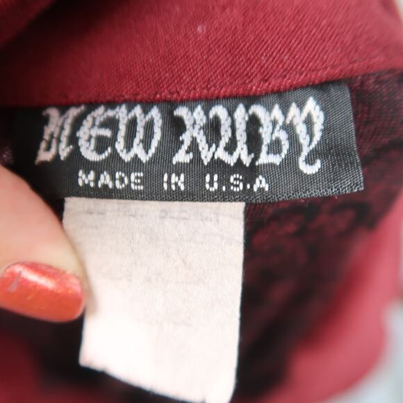 Vintage 90s New Ruby Burgundy Red Floral Velvet Faux Suede Blouse Top XL - Picture 5 of 6